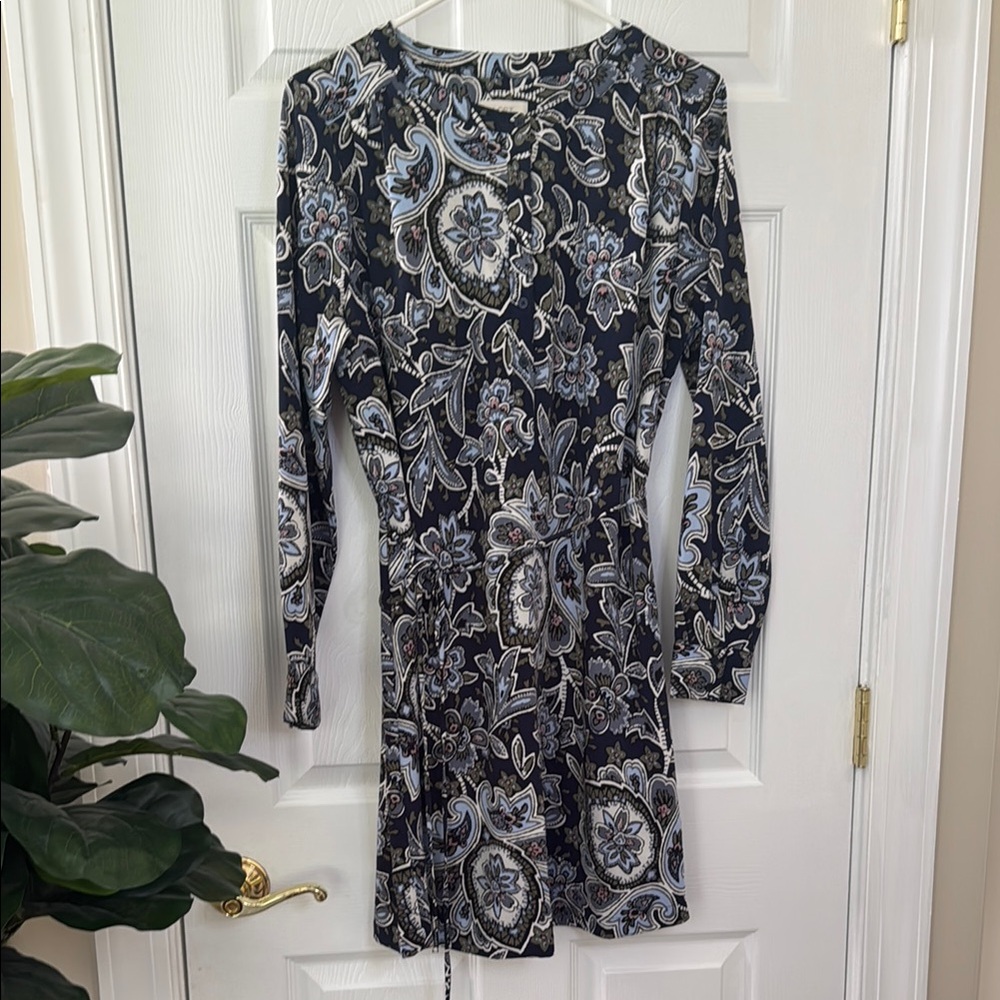 LOFT Blue and White Long Sleeve Sheath Dress